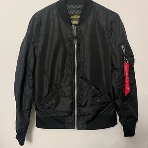 Alpha Industries Black Bomber Jacket with Red Sleeve Tag